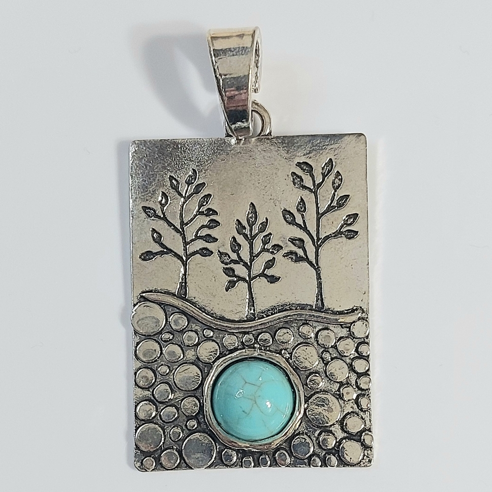 Large Silver Tree Of Life Pendant with Turquoise Accent